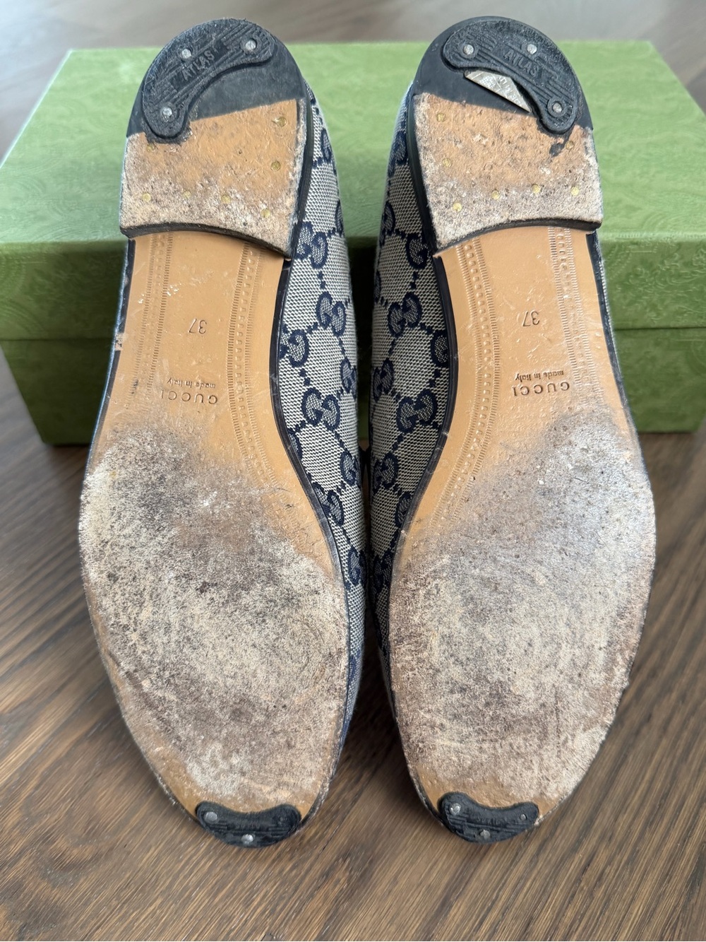 Gucci Beige Canvas GG Horsebit Loafer with Navy Trim - Picture 9 of 11